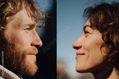 Side-by-side closeup of a man and woman facing each other, highlighting expressions and features under natural light.