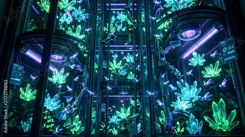 Futuristic Smart Greenhouse with Robotic Bees Pollinating Glowing Crystal Plants in Vertical Farm