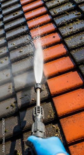 Rooftop cleaning high-pressure spray washes away grime, revealing bright tiles