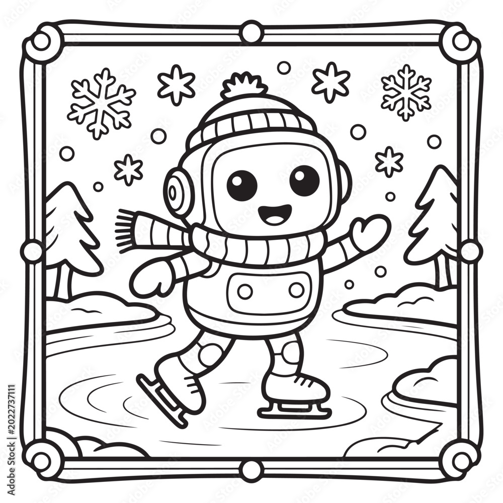 Obraz premium Robot Astronaut Cartoon Character in a Retro Doodle Border with Stars and Planet Rings, Holding a Camera-Like Device While Standing in Space