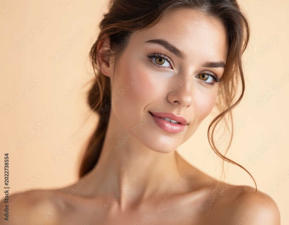 Fototapeta premium Young woman face closeup with smooth skin and subtle makeup. Healthy beauty glow and gentle smile. Natural feminine appearance in studio setting. Pleasant cosmetic look.