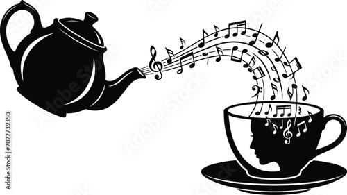 Foto Teapot pouring into teacup with musical notes and female profile silhouette