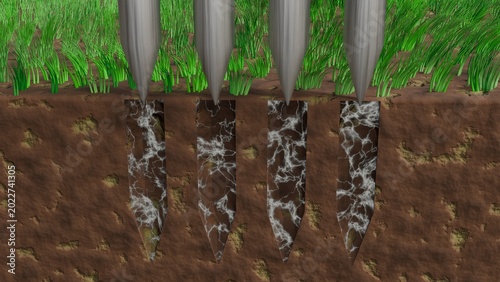 Soil aeration. Holes dug into earth allowing nutrients, gases, fertilizer to enter soil. Improving air exchange in soil. Digging holes opens up compacted soil during aeration. 3d render illustration