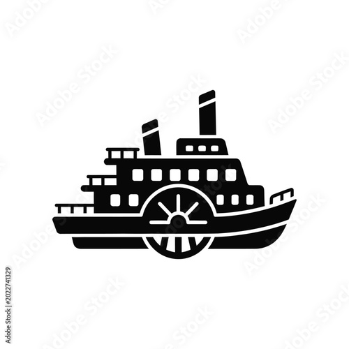 Tablou pe pânză Paddlewheel steamboat silhouette sailing on water during a bright day with copy