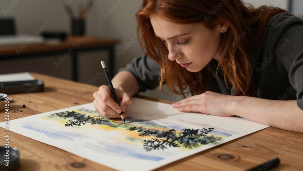 Fototapeta premium Young woman painting watercolor landscape on wooden table