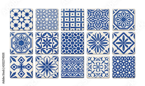 Collection of blue and white tiles.