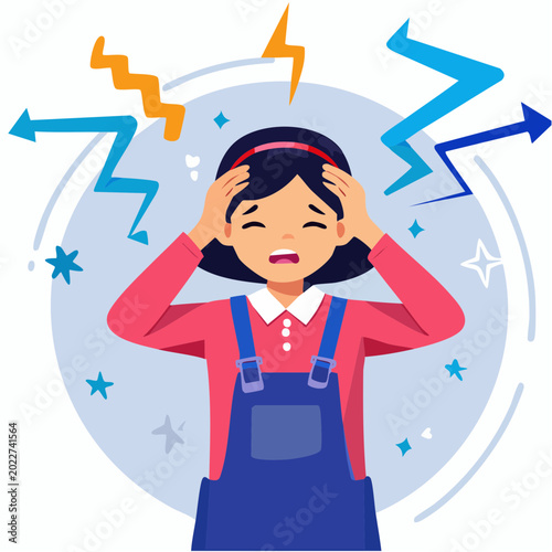 Child experiencing stress and confusion with lightning bolts and arrows
