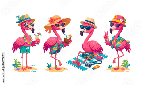 Collection of Flamingos Wearing Sunglasses Hats.