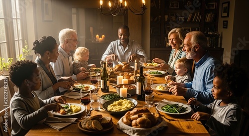 Family Gathering Around a Festive Dinner Table.