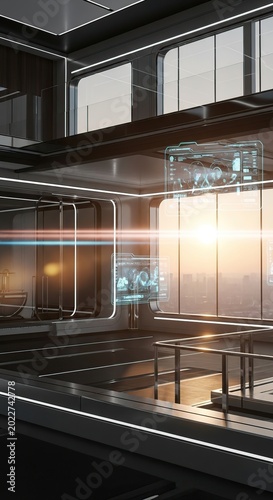 Modern interior design with futuristic architecture and bright lights.
