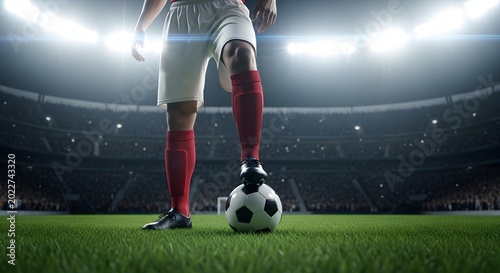 Football player in action on stadium field with soccer ball