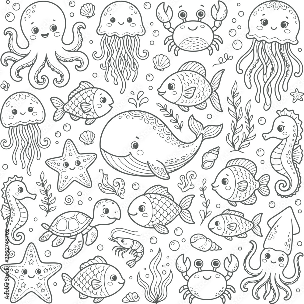 Obraz premium Cute sea animals and ocean plants doodle collection, hand-drawn doodle style sea creatures