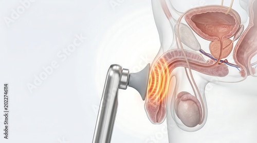 Medical device performing shockwave therapy on human prostate anatomy for treatment of urological conditions in men