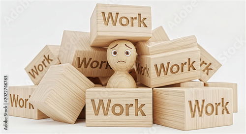 Workplace burnout and stress management concept with sad wooden figure overwhelmed by work blocks for corporate wellness website banner