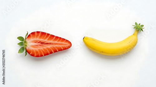 Fresh cut strawberry and full banana on white background healthy food