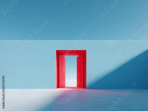 Bright red doorway contrasts sharply against a minimalist pastel blue wall, casting dynamic shadows in a sunny outdoor scene.