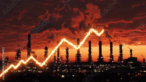 Glowing arrow graph rising over oil refinery at sunset