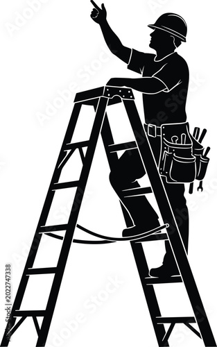 Worker on ladder reaching up with tool belt.