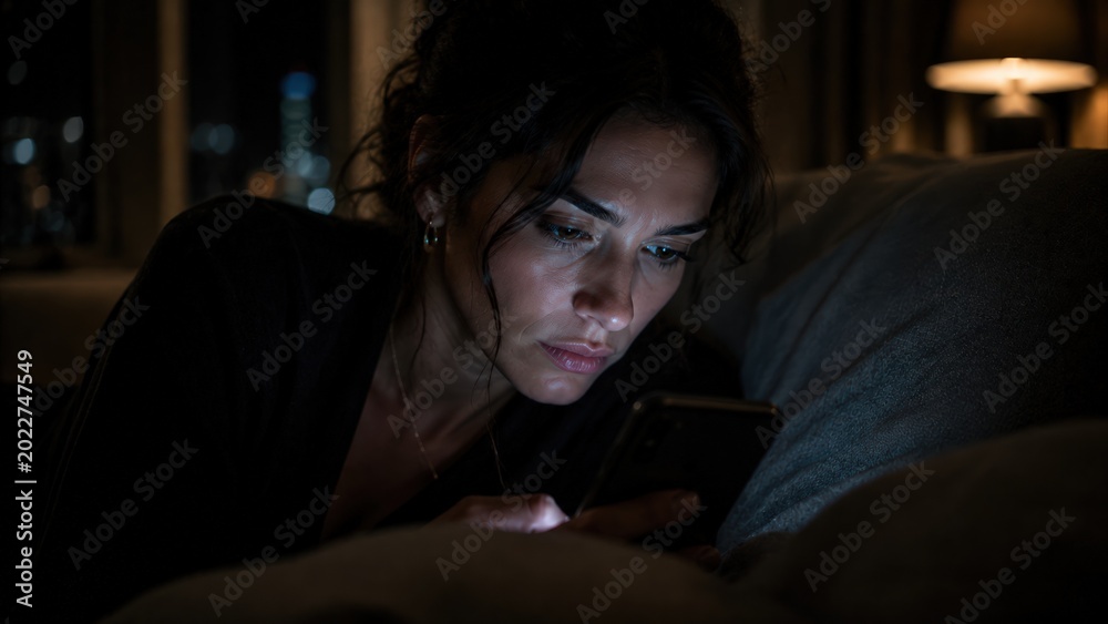 Obraz premium Close-up of worried woman scrolling smartphone alone at night, symbolizing anxiety, emotional dependence, waiting for a message, loneliness, and digital stress.