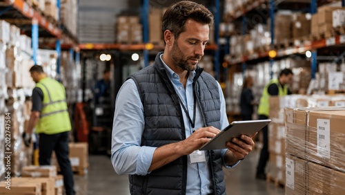 Warehouse manager using a tablet in a large storage facility, representing logistics, inventory management, supply chain operations, and modern warehouse technology.