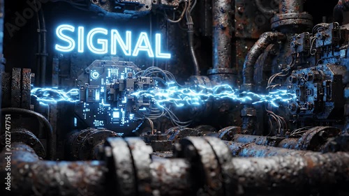 Industrial machinery with blue electric energy and glowing signal sign