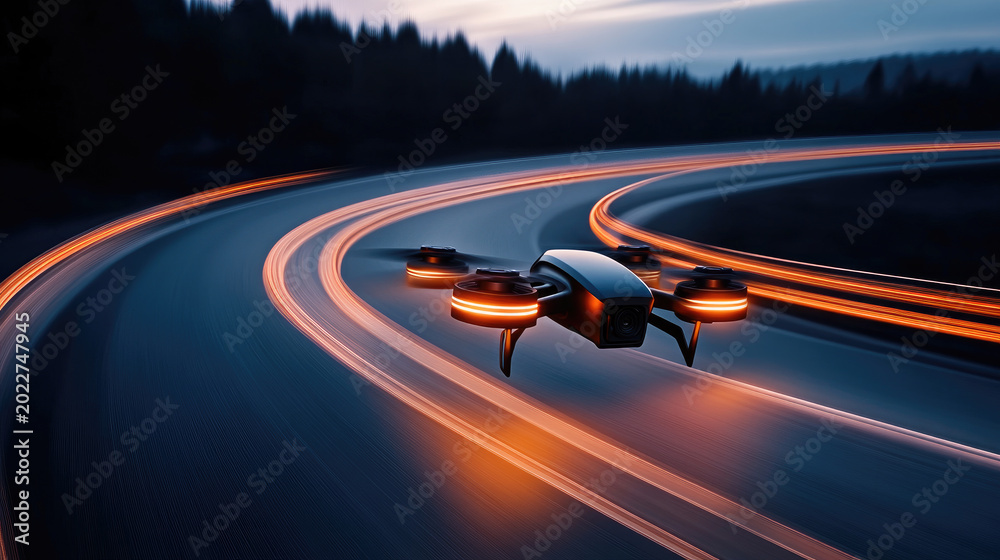 Fototapeta premium Drone flying over winding road, creating aerial light trails with its illuminated propellers and body, representing advanced technology and speed in night drone operations
