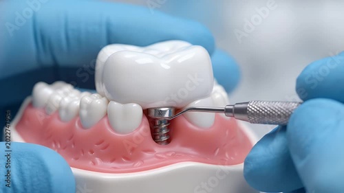 Close up of dental crown being fitted on implant screw