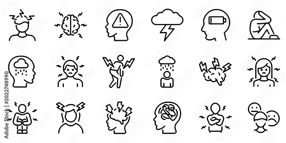 Fototapeta premium Set of Outline Icons Related to Stress, Linear Icon Collection with Editable Stroke, Mental Health and Pressure Management Symbols Vector Illustration