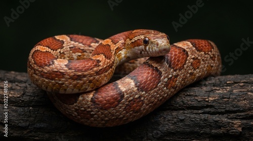 Coiled corn snake with reddish‑orange and brown blotches, cream borders, glossy scales, resting on dark stone surface…