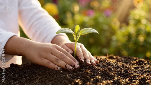 Hands Gently Planting Young Sprout in Dark Earth at Sunset