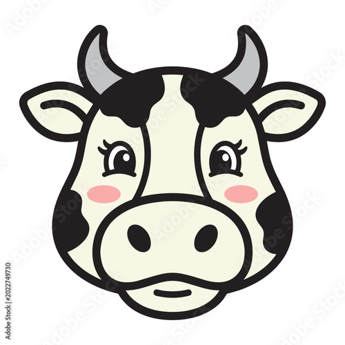 Cute cartoon cow head icon with black and white spots and rosy cheeks for farm animal design and children graphics
