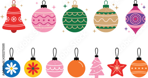 Bild auf Leinwand Colorful Christmas ornament collection with festive baubles bell star and holida