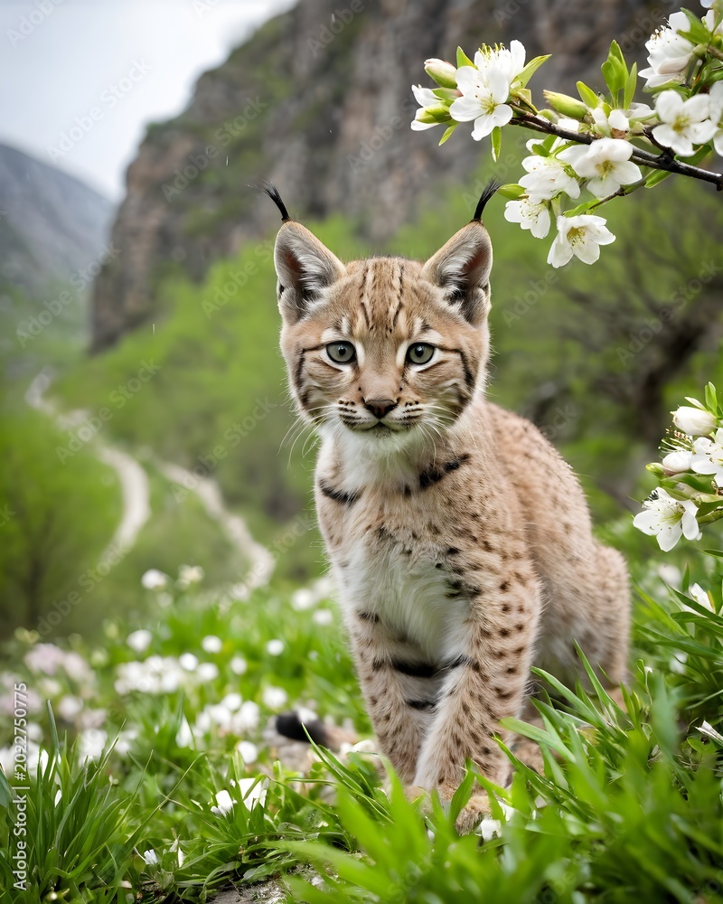 Obraz premium A eurasian lynx kitten, digitally created fantasy animal, generative ai, in a spring blossom