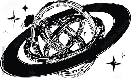 Photos Y2K cyber metallic chrome armillary sphere planet with orbital rings and starry