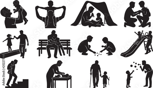 Fotografi Set of black silhouettes showing father and child spending quality time together