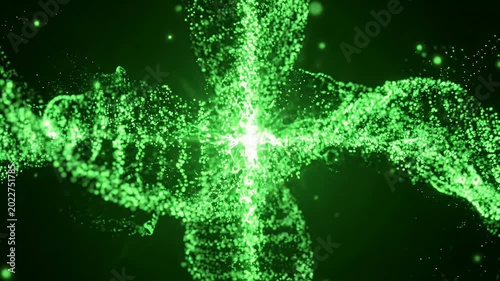 Glowing Green DNA Double Helix Particles Rotating in Dark Space