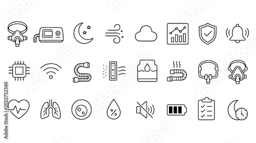 Sleep Tracker Monitoring Cpap Icons Set - 24 Modern Line Icons Collection for Web, Mobile App, Dashboard and Business UI Design