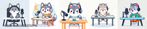 cute wolf vector doing podcast