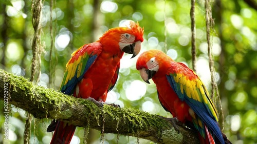 Pair of scarlet macaws preening on a branch in the rainforest