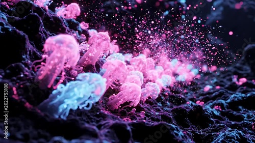 Bioluminescent glowing jellyfish floating over dark rocky terrain