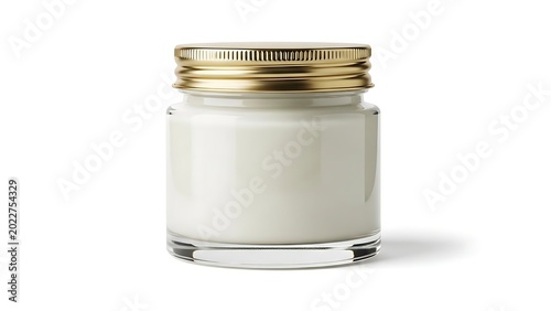 A small glass jar with a gold lid containing white cream