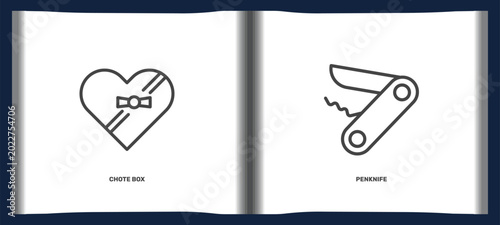 Fotografia tools and utensils icon set with chote box, penknife signs in flat outline style