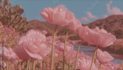 Vibrant pink flowers bloom in a surreal landscape, showcasing nature's enchanting beauty under a clear blue sky.