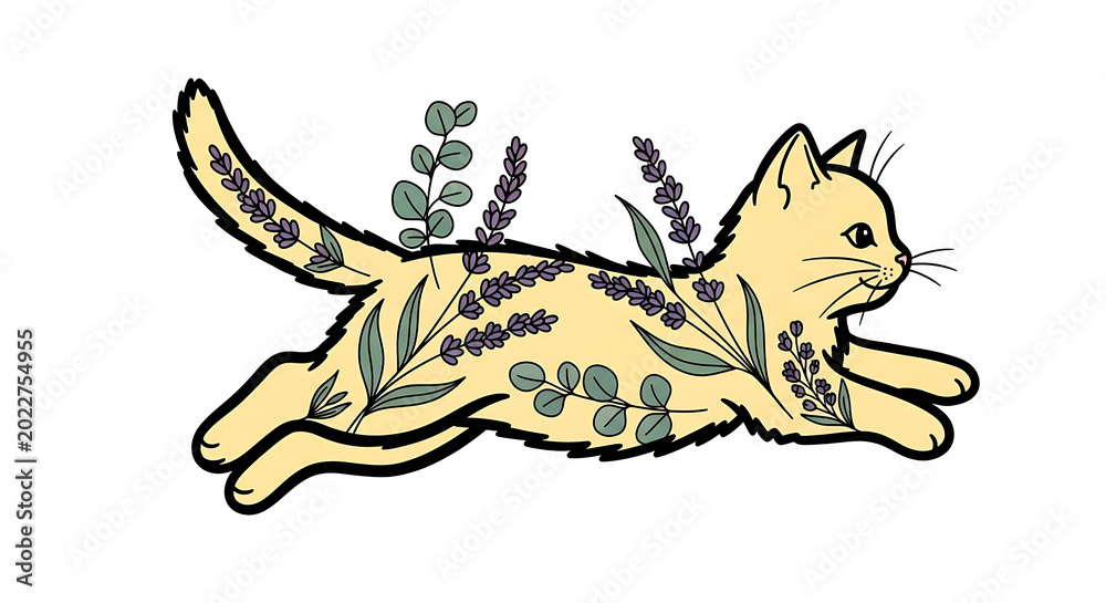 Obraz premium Running cream cat with lavender isolated on a transparent background