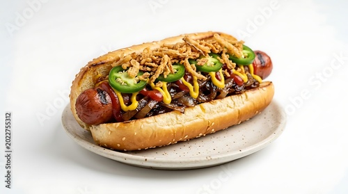 Gourmet hot dog with jalapeños onions mustard on a bun jalapeno condiments delicious appetizing