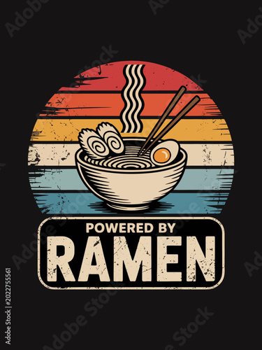 A stylized image of a ramen bowl with chopsticks and an egg, set against a vintage striped background. The words 'Powered by Ramen' appear below.