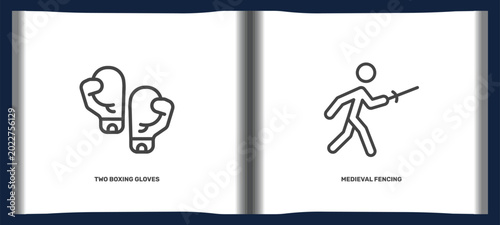 Bild auf Leinwand sport and games icon set with two boxing gloves, medieval fencing signs in flat outline style