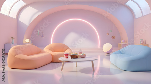 Modern Minimalist Living Room with Pastel Furniture, Circular Neon Light, and Dreamy Futuristic Interior Design