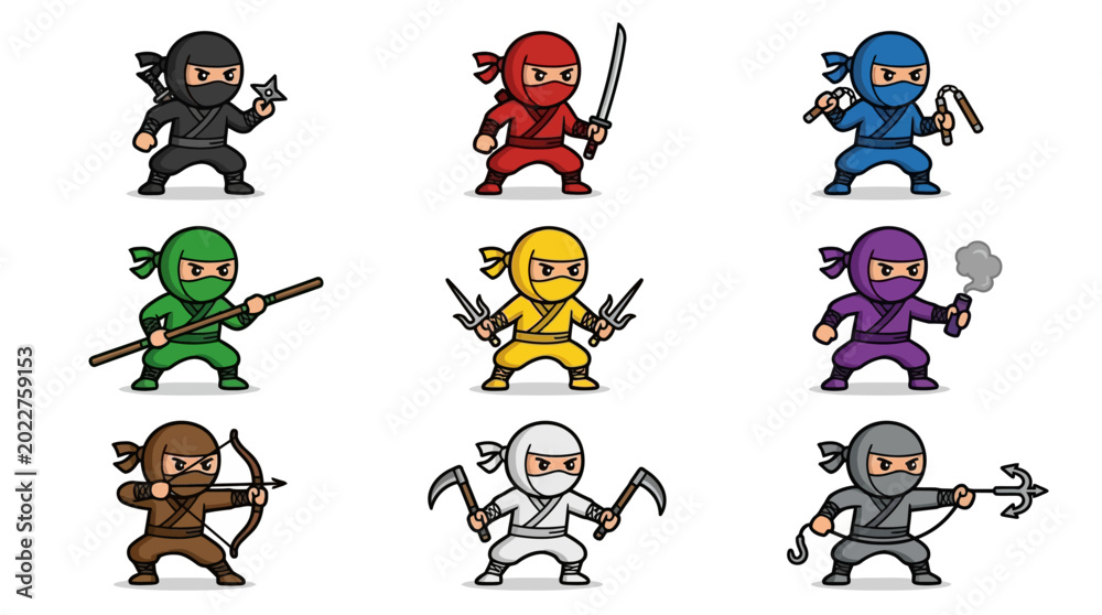 Obraz premium Diverse Array of Ninjas in Various Colors and Poses, Showcasing Different Combat Styles and Weaponry