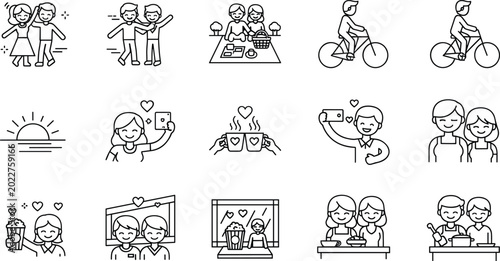 Fotografía Couple's Lifestyle Icon Set Featuring Romantic Moments, Outdoor Activities, Self